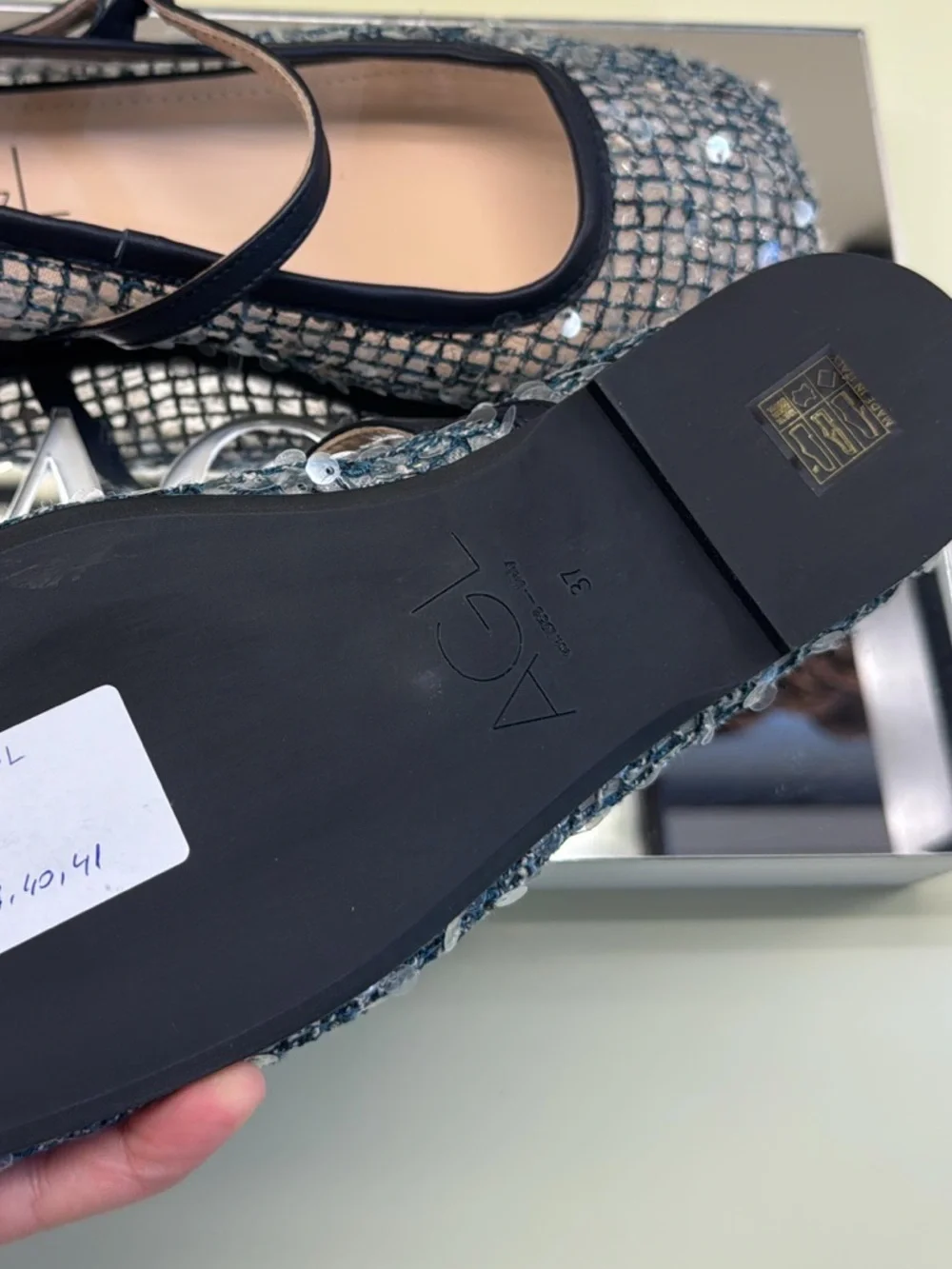 AGL made in Italy Black silver Sequin Mesh Mary Jane Flats NWT